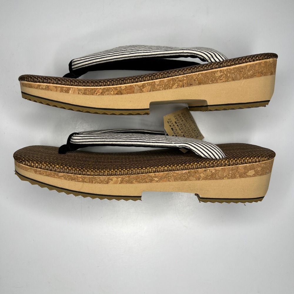 Yamato Kobo Flip Flops Oval Unisex Cork Setta Brown Stripes Size 7 W & 5.5 M NEW - Picture 6 of 6